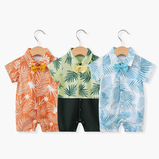 Boys Short Sleeved Jumpsuit, Hawaiian Style Printed Baby Crawling Suit, Boys Summer Thin Outdoor Vacation Clothes