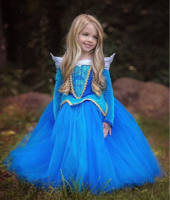 Princess dress, Sleeping Beauty dress, Frozen and Snowy Romance girl dress, Mesh long sleeved fluffy performance suit