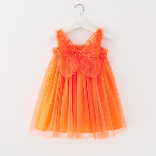 Children's clothing mesh dress with suspender, birthday dress, fluffy skirt, three-dimensional angel wings