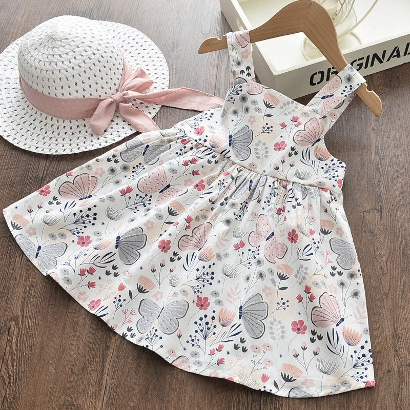 Baby Girls Printed Cotton Skirt Spring/Summer New Butterfly Print Strap Dress Gift Hat